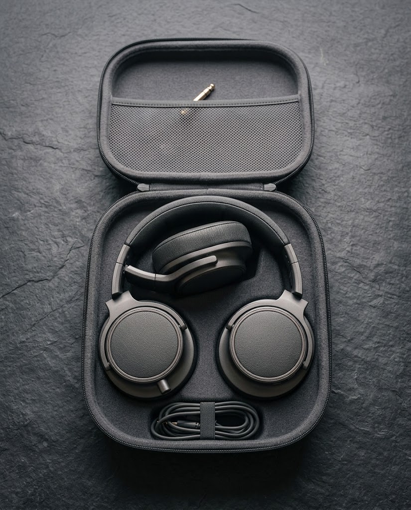 Headphones folded in a fabric hard case