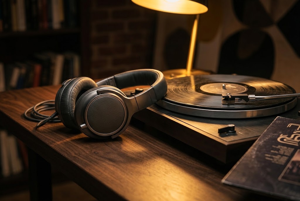 Headphones on a walnut desk beside a turntable