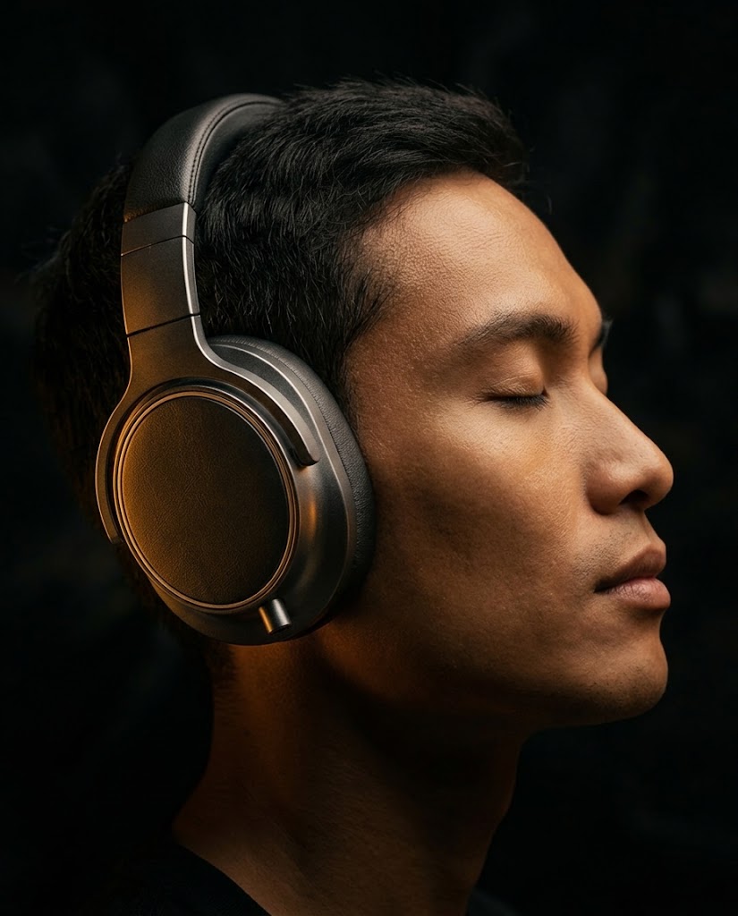A listener wearing Aurel One with eyes closed