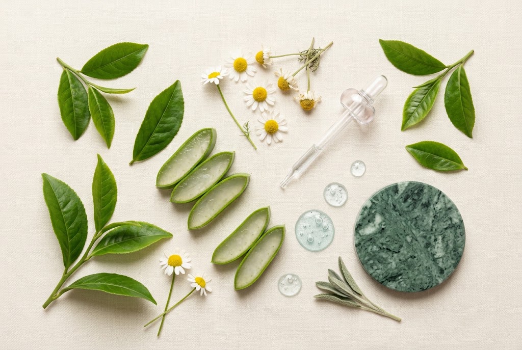 Green tea leaves, aloe and chamomile on linen