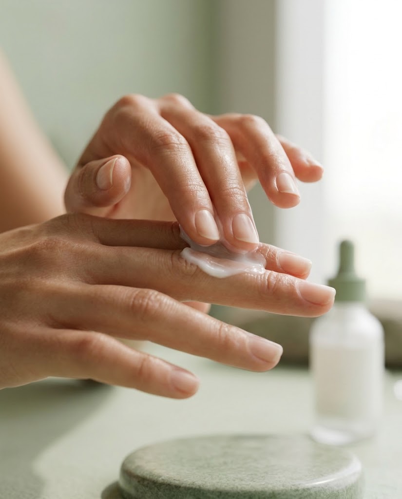 Hands warming a white cleansing cream