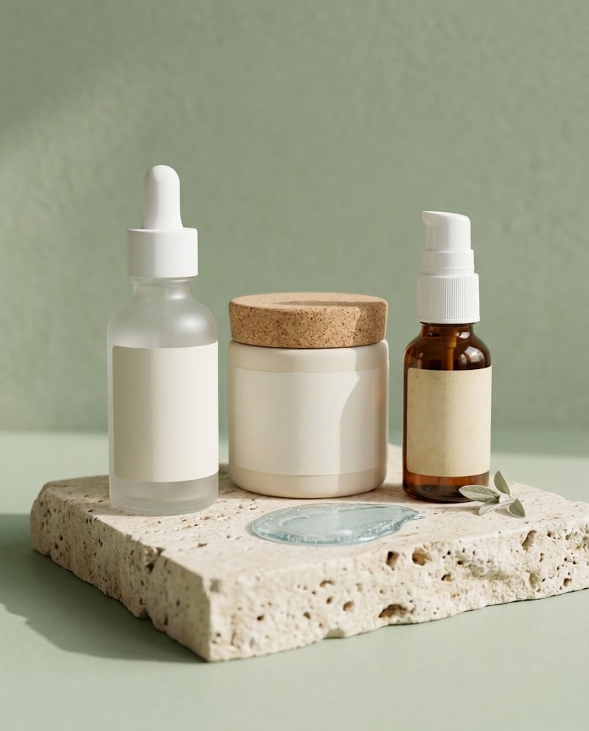 Three skincare bottles on travertine