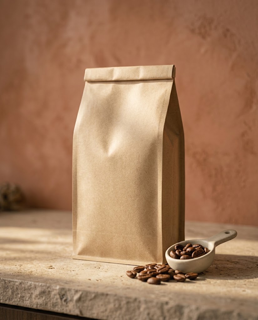 A kraft coffee bag with a scoop of beans
