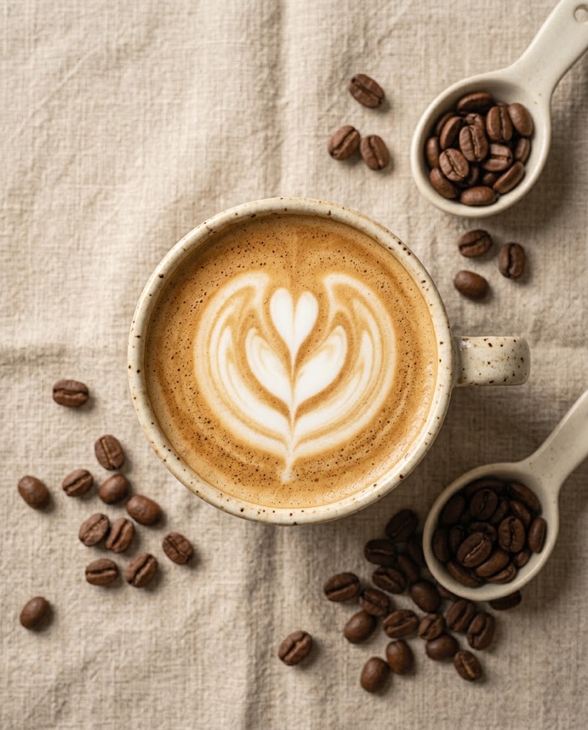 A latte in a speckled ceramic cup