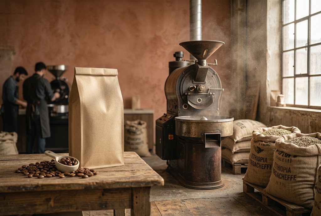 Inside the roastery with a drum roaster and sacks of beans
