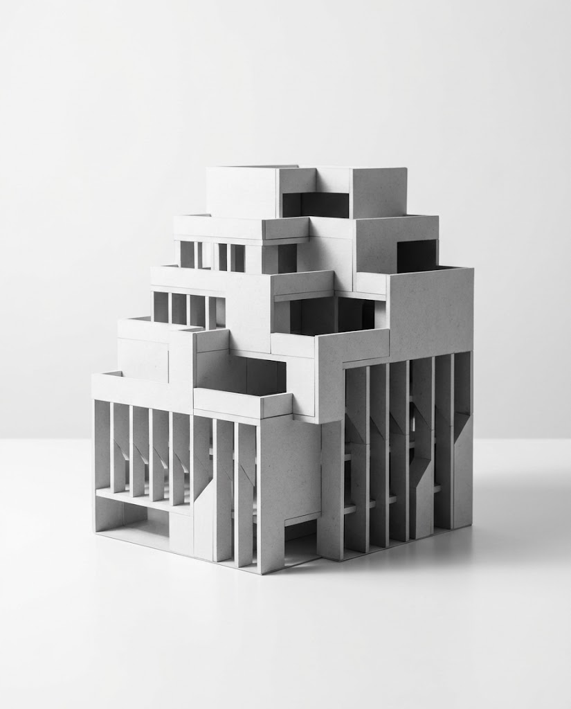 A white card model of a stepped building
