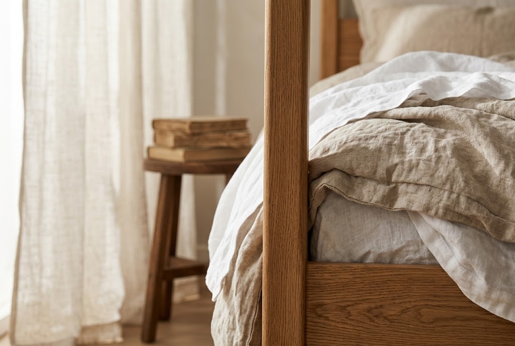 A calm bedroom with an oak bed and linen bedding