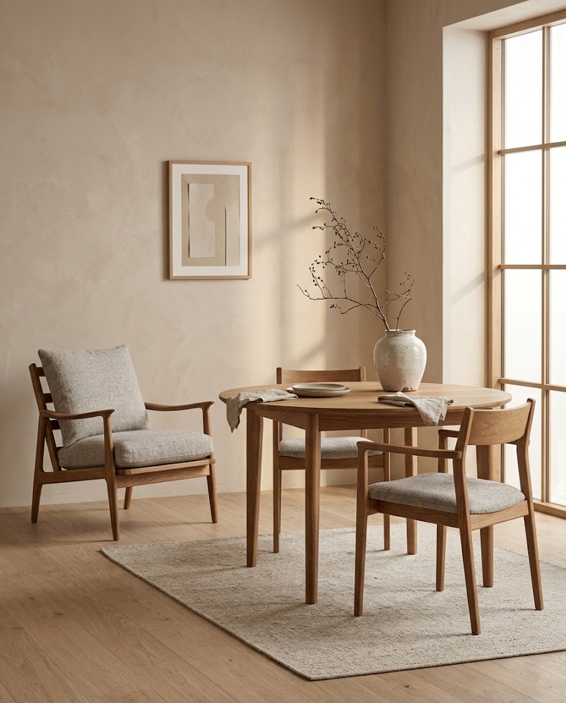 Round oak dining table with two chairs