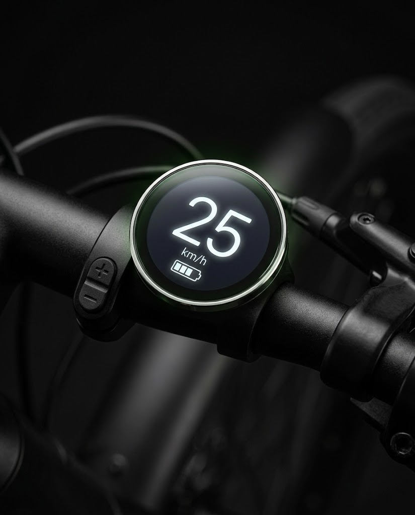 Round handlebar display showing 25