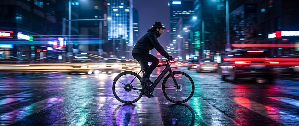 A rider crossing a wet city street at night